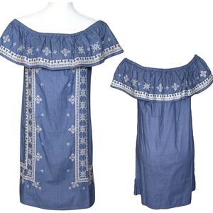 NWT Joy Joy Boho Off Shoulder Chambray Mini Dress Western Embroidery